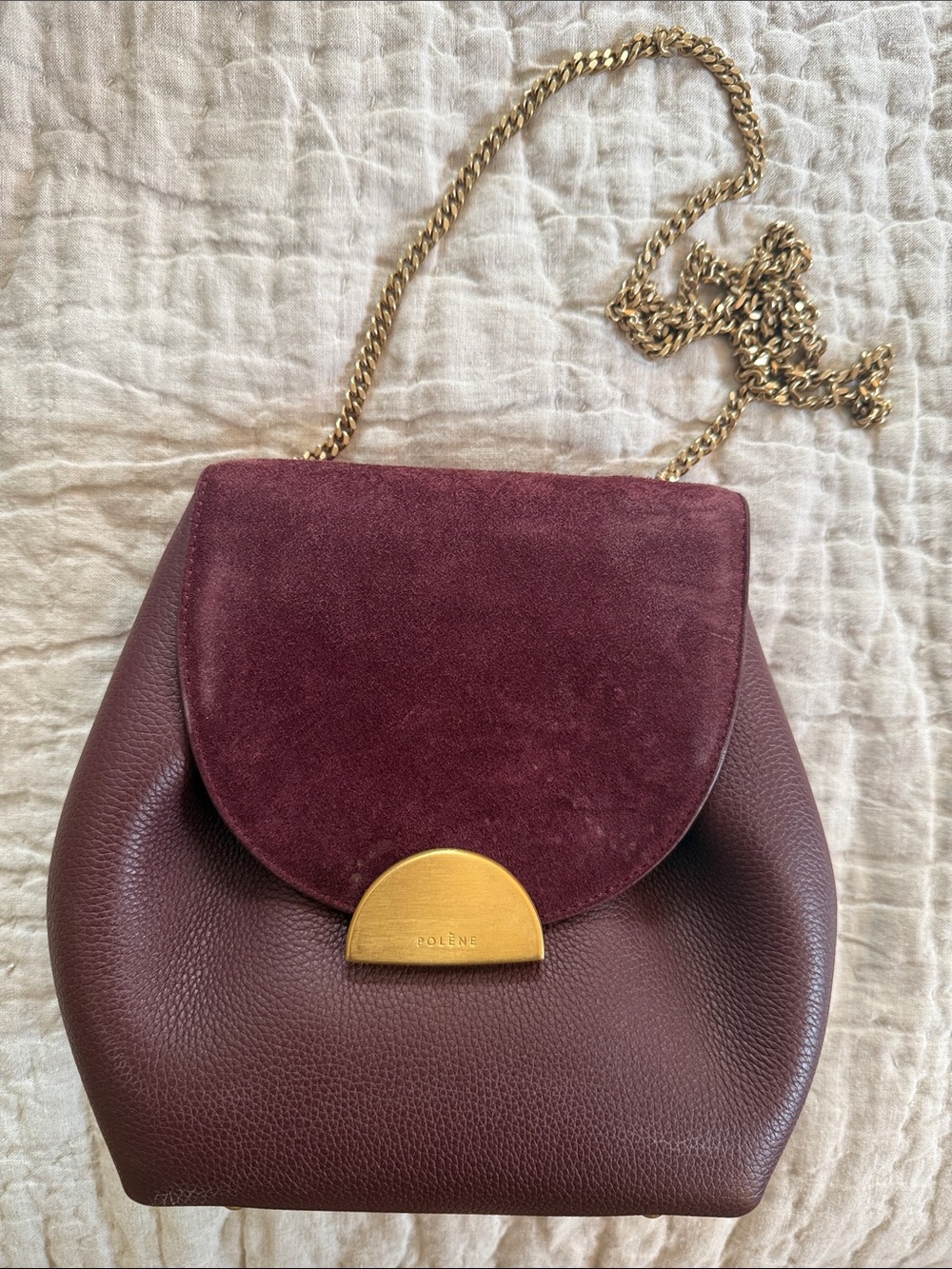 Polene Burgundy Leather & Suede Crossbody with Gold Chain